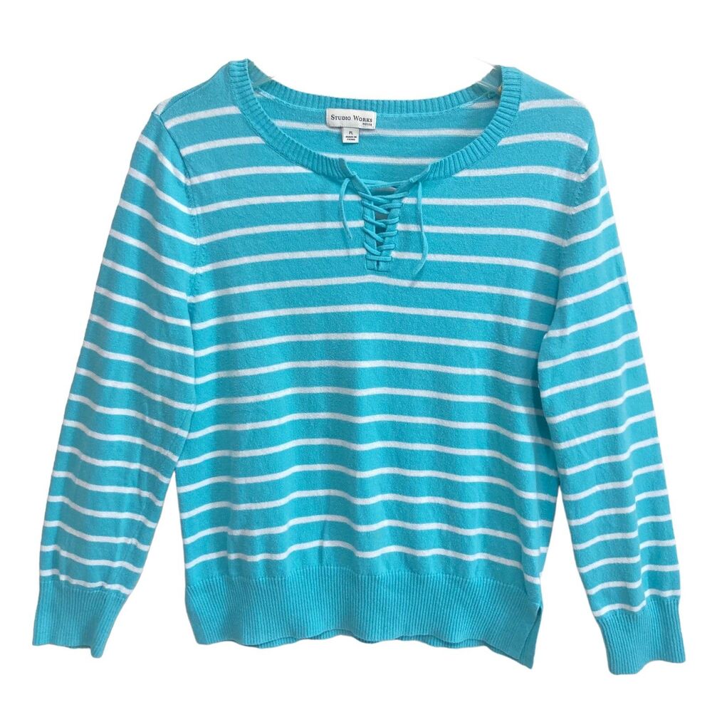 Studio Works Sweater Top Women's Size P-Large Green White Striped Long Sleeve